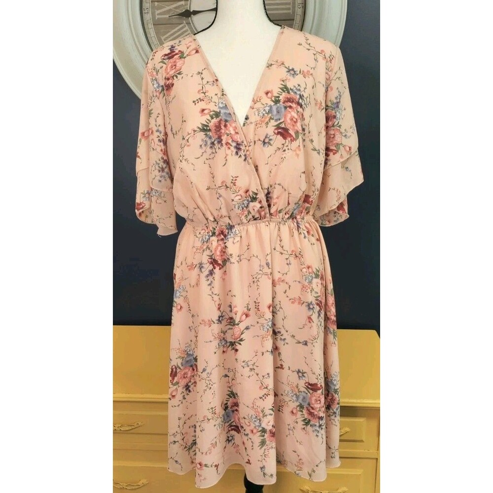 Sheer Floral Midi Dress XL Pink Red Green Blue Short Sleeve V Neck Elastic Waist